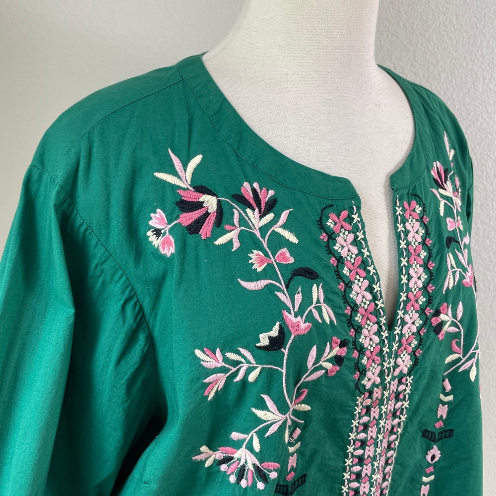 J Jill Womens Plus 2X Green Floral Embroidered Tunic Top Shirt Long Sleeve - Picture 8 of 8